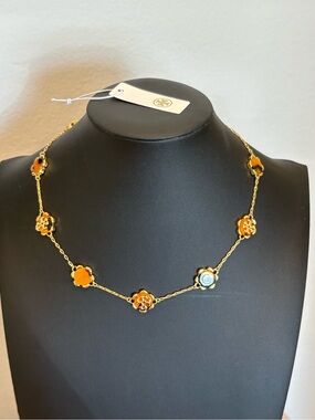 Tory Burch Gold-Tone Floral Station Logo Necklace - Brown, Orange Enamel